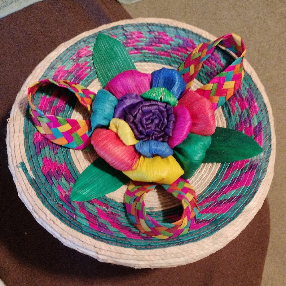 Colorful Woven Basket with Floral Design From Oaxaca Mexico